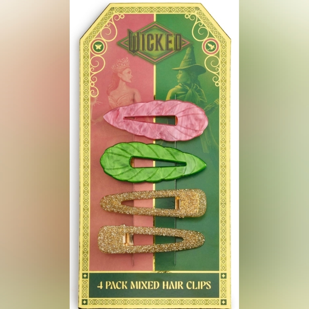 WICKED Pink, Green & Gold Leaf Hair Barrette Set